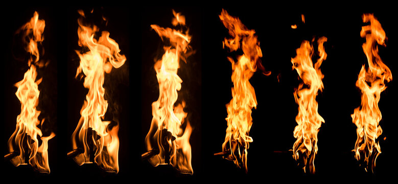 Fire Flame Burst Variations Collection on Black Background PNG Keyable