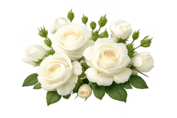 White roses bouquet with green leaves and buds, showcasing beauty, freshness, and romance, ready for design integration