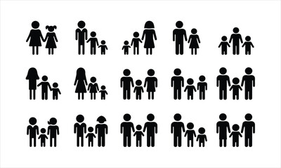 Diverse black silhouette stick figure icons illustrate various family units with adults and multiple children