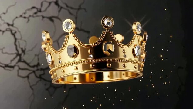 Luxurious golden royal crown adorned with brilliant sparkling diamonds floats majestically against a dark dramatic background symbolizing supreme power and monarchy achievement