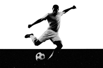 Black and white soccer player kicking a ball, halftone effect with dramatic football action