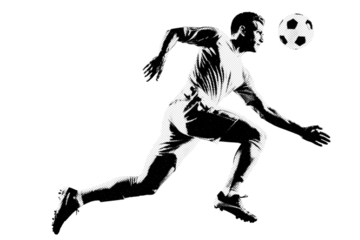 Soccer player heading ball halftone silhouette, black and white football action PNG isolated on transparent background