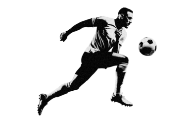 Soccer player running with ball halftone silhouette, black and white football action PNG isolated on transparent background