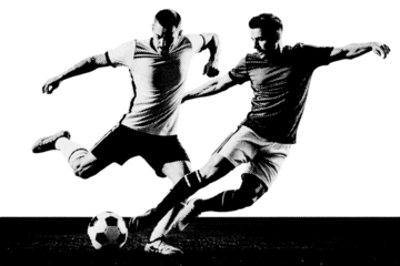 Black and white halftone soccer players in intense football duel action isolated on transparent background