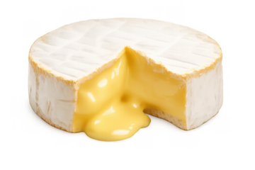 Camembert cheese with a wedge cut and creamy melted core oozing out, appetizer food on transparent background