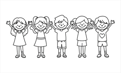 Five happy diverse children, including girls and a boy, smile with arms open in outline drawings
