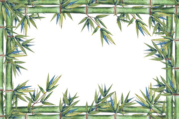 Watercolor bamboo frame with stems and leaves. Illustration for natural designs, packaging, prints and Asian-inspired layouts.