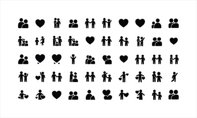 Numerous black silhouette icons show various couples, people interacting, and symbolic heart shapes