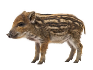 Cute Baby Wild Boar Piglet with Striped Fur Standing Isolated on White Background