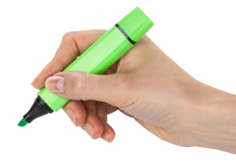 hand holding green highlighter isolated on a transparent background.