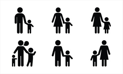 Several simple black silhouettes of parents and children standing together on a clean white background