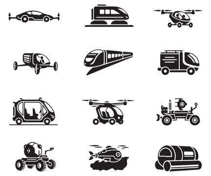 Advanced Futuristic Transport Icon Set Vector Silhouette Collection