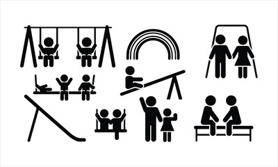 Simple black silhouette icons illustrate various children playing happily on different playground equipment