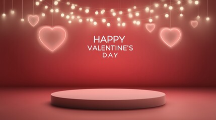 A festive Valentine's Day backdrop featuring a circular podium in the foreground, set against a rich red gradient background.