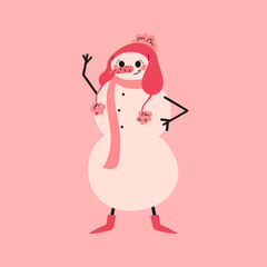 Cheerful pink Christmas snowman wearing a warm hat with a pom pom, boots and a long scarf. Holiday season. Vector illustration.