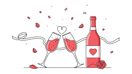 Romantic Toast: A pair of elegant champagne glasses clink in a romantic toast, accompanied by a bottle of wine and scattered confetti, symbolizing love and celebration. 