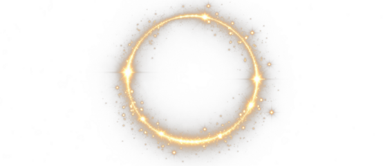 Golden glowing light circle with sparkling particles, luxury abstract ring frame illustration on transparent background