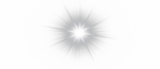 Bright white light burst with radial rays, abstract luminous energy explosion effect illustration on transparent background