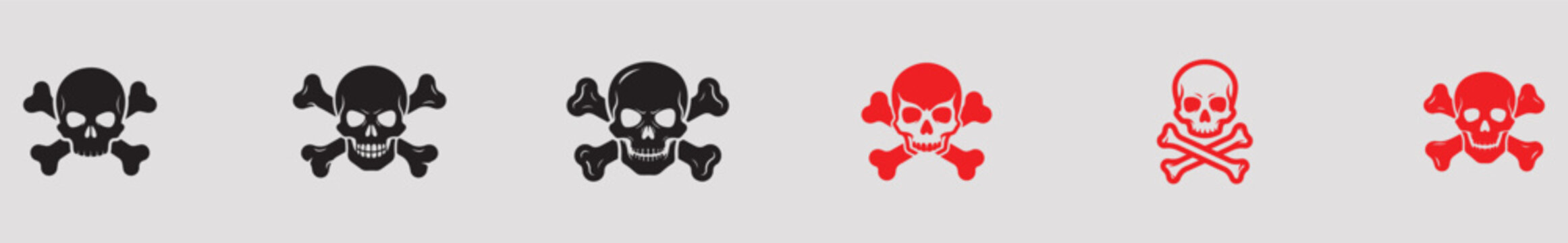 A collection of skull and crossbones symbols in black and red colors for warning or danger signs