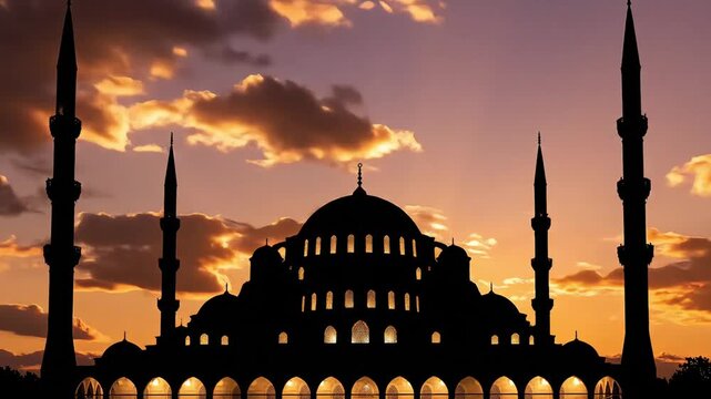 Silhouette of a mosque with minarets against a vibrant sunset sky with clouds, celebrating Happy Eid al-Fitr in a serene and peaceful atmosphere.