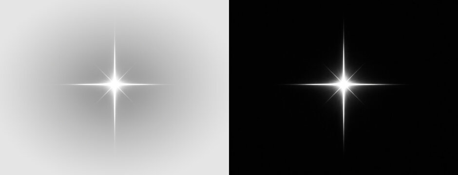 Bright white star light flare with glowing rays, abstract luminous sparkle effect illustration on transparent background