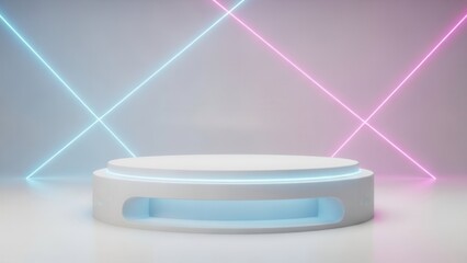 High-tech white circular podium featuring internal blue lighting and neon cross background for advanced electronics display, medical device showcase and clean 3D product rendering.