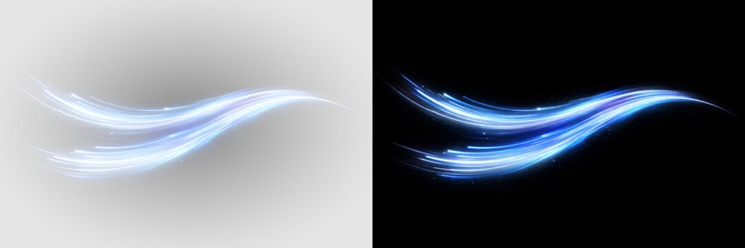Abstract blue glowing light wave with flowing energy lines, futuristic digital motion stream illustration on transparent background - Powered by Adobe