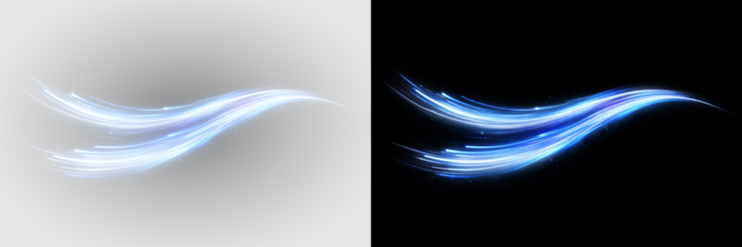 Abstract blue glowing light wave with flowing energy lines, futuristic digital motion stream illustration on transparent background - Powered by Adobe