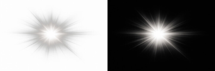 Bright white light burst with soft radial rays, abstract luminous energy glow effect illustration on transparent background