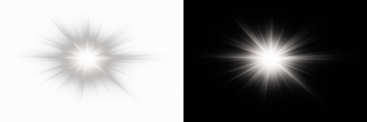 Bright white light burst with soft radial rays, abstract luminous energy glow effect illustration on transparent background