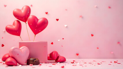 Valentine&rsquo;s Day background featuring hearts, valentines day greeting card, &ldquo;Happy Valentine&rsquo;s Day&rdquo; text, red roses, balloons, and gifts