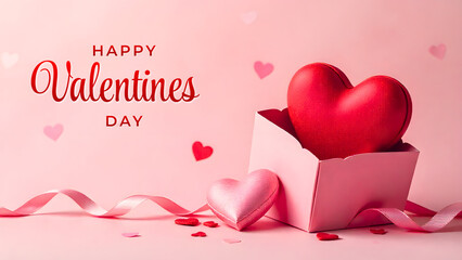 Valentine&rsquo;s Day background featuring hearts, valentines day greeting card, &ldquo;Happy Valentine&rsquo;s Day&rdquo; text, red roses, balloons, and gifts