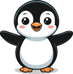 Adorable cartoon penguin cheerfully presents with outstretched wings and rosy cheeks © KAZIFARHANA