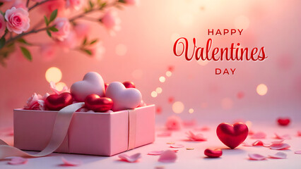 Valentine&rsquo;s Day background featuring hearts, valentines day greeting card, &ldquo;Happy Valentine&rsquo;s Day&rdquo; text, red roses, balloons, and gifts