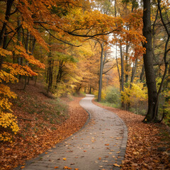 pathway in autumn forest with orange and yellow