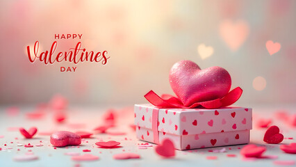 Valentine&rsquo;s Day background featuring hearts, valentines day greeting card, &ldquo;Happy Valentine&rsquo;s Day&rdquo; text, red roses, balloons, and gifts