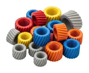 Colorful plastic nuts for engineering projects workshop product isolated on transparent background