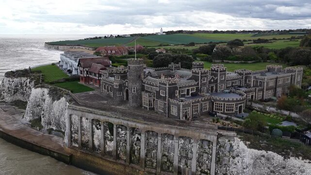 Aerial Drone View of Kingsgate Castle Above Kingsgate Bay, Kent