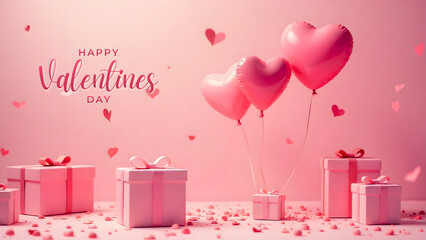 Valentine&rsquo;s Day background featuring hearts, valentines day greeting card, &ldquo;Happy Valentine&rsquo;s Day&rdquo; text, red roses, balloons, and gifts