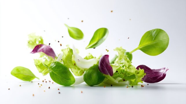 Mixed fresh herbal salad in air on white background, healthy eating frame
