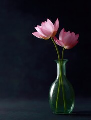 Lotus flowers in Japanese style glass vase, zen decor aesthetic