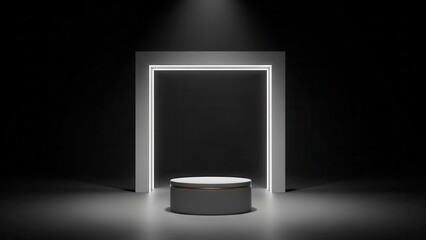 Minimalist black 3D podium with white neon arch and spotlight for luxury product presentation on dark background. Elegant pedestal mockup stage for premium brand advertising performance.