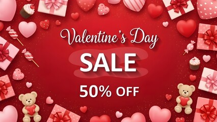 A vibrant valentine s day sale advertisement featuring gifts hearts and a teddy bear on a red background