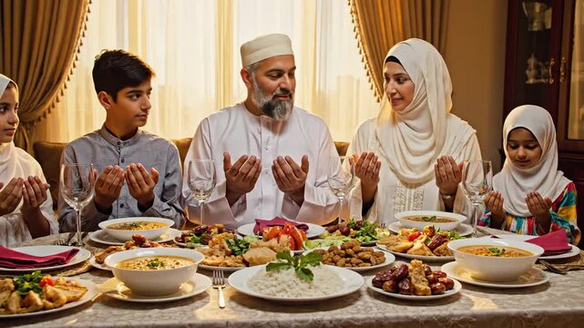 Muslim family in traditional attire sitting around a table with various dishes during iftar preparation for fast breaking in a warmly lit dining room.