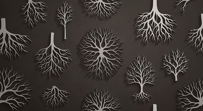 Intricate Network of Tree Roots and Branches on a Dark Background.