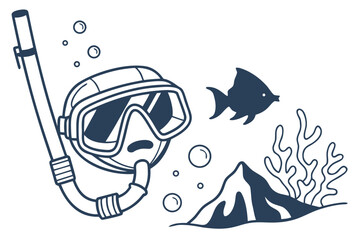 Minimalist flat vector illustration of a person snorkeling with a fish and underwater elements
