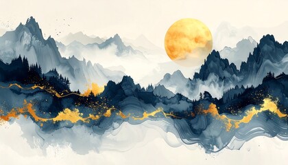 Serene Watercolor Mountain Landscape with Full Moon.