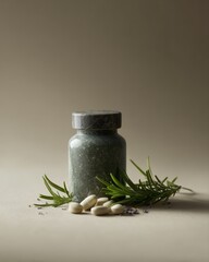 Natural supplements bottle in eco packaging with botanical extracts, scientific mood