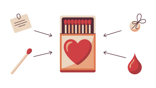 Matchbox Heart: Conceptual Illustration of a matchbox with a heart symbol, and some related elements around.