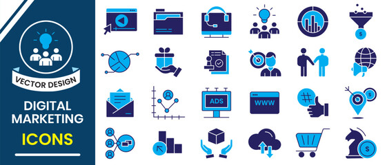 Digital marketing related icon vector. Digital marketing icons. Marketing icons design for web, logo and mobile app. Collection of marketing symbol, Vector illustration.